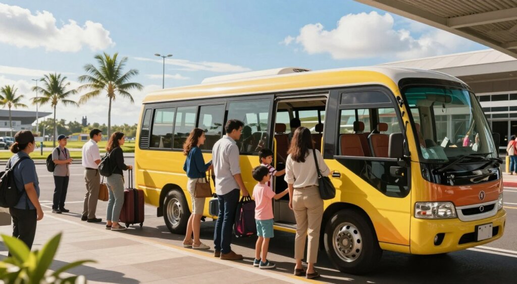 A modern shared shuttle bus awaits passengers outside the bustling arrival hall of Denpasar Airport, crafted in vibrant colors with comfortable seating visible through the windows. In the foreground, a diverse group of travelers dressed in smart casual attire, including a family with children and a couple, is loading their luggage into the shuttle's storage compartment. The middle ground features a bustling airport scene with friendly staff helping guests, all under bright, warm sunlight casting soft shadows. The background captures the iconic Bali landscape, with palm trees swaying gently and a clear blue sky adorned with a few fluffy white clouds. The photo should evoke a sense of excitement and adventure, highlighting the convenience and warmth of arriving in Bali.