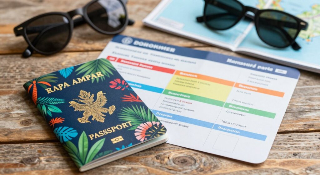 A neatly arranged flat lay of travel documents essential for a trip to Raja Ampat, featuring a passport, stamped boarding pass, and a vibrant travel itinerary with color-coded sections. The foreground highlights a tropical-themed passport cover adorned with local motifs. In the middle, the documents are slightly fanned out on a textured wooden surface, providing a natural feel. In the background, soft bokeh captures elements of travel such as sunglasses and a map of Raja Ampat, hinting at the destination's beauty. The scene is illuminated by warm, natural light, creating a welcoming and adventurous atmosphere. The mood evokes excitement and anticipation for travels, showcasing the importance of preparation in a stunning travel context.