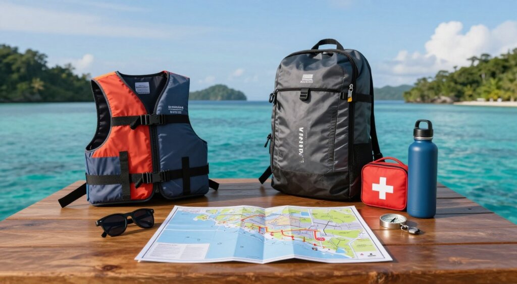 A neatly organized selection of packing essentials for sailing in Raja Ampat, displayed on a wooden table. In the foreground, a high-quality sailing map, a pair of sunglasses, a nautical compass, and an insulated water bottle showcase an adventurous spirit. The middle ground features essential sailing gear, including a life jacket, a waterproof backpack, and a compact first-aid kit, all arranged with care. The background captures a serene view of turquoise waters, lush green islands, and a clear blue sky, symbolizing the beauty of Raja Ampat. The lighting is soft and natural, suggesting an early morning or late afternoon, enhancing the mood of anticipation and excitement for a sailing trip. The photo is taken with a wide-angle lens, conveying a sense of depth and immersion, inviting viewers to dream of their sailing journey.