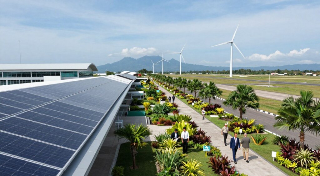 A panoramic view of Lombok Airport, showcasing its environmentally friendly initiatives. In the foreground, a sleek, modern terminal building with solar panels is visible, reflecting sustainable architecture. In the middle ground, lush greenery and native plants are integrated into the landscaping, promoting biodiversity. A few professionals in modest business attire walk along the paths, discussing sustainability measures. The background features wind turbines gently turning against a clear blue sky and distant mountains, symbolizing renewable energy. The scene is bathed in soft, natural daylight, creating a serene and environmentally conscious atmosphere. The perspective is slightly elevated, capturing the expansive layout of the airport and surrounding nature in a photojournalism style reminiscent of National Geographic, emphasizing the harmony between infrastructure and the environment.