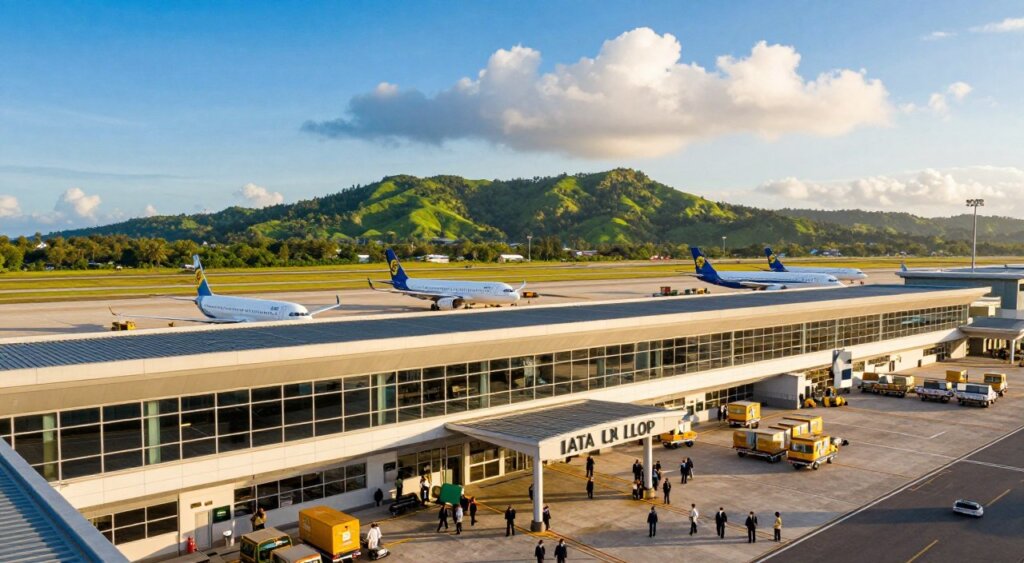 A panoramic view of Lombok International Airport (IATA code LOP), captured during golden hour to emphasize the warm lighting and vibrant atmosphere. In the foreground, a modern passenger terminal with sleek architecture, featuring large glass windows and an inviting entrance, is bustling with travelers in professional attire. In the mid-ground, planes parked on the tarmac showcase various airlines, surrounded by well-organized luggage carts and ground staff. The background reveals lush green hills typical to Lombok’s landscape, under a clear blue sky with fluffy white clouds. The overall mood is dynamic yet serene, conveying the significance of air transportation in this beautiful island destination, designed in a photojournalism style with high detail and clarity.
