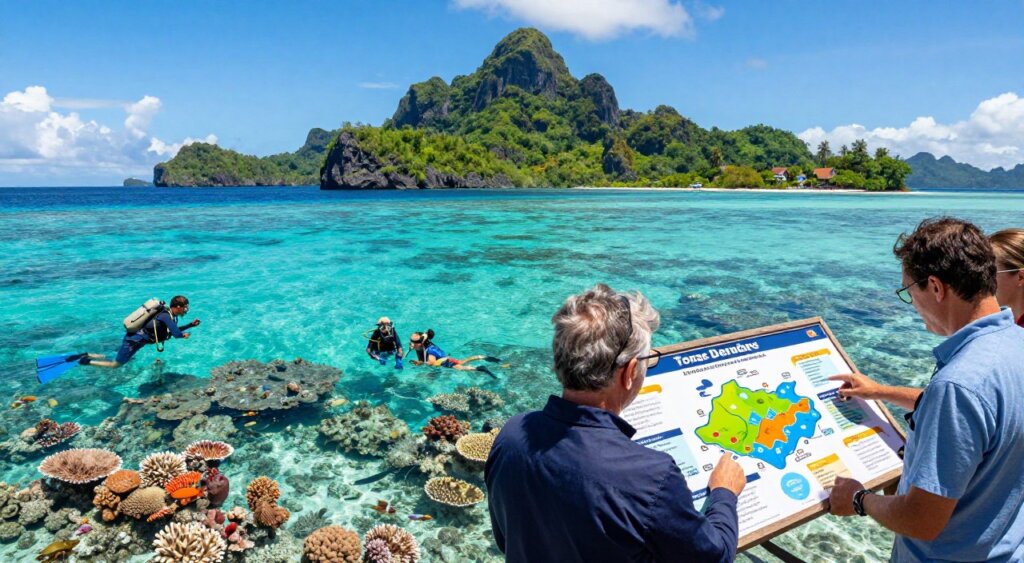 A panoramic view of Raja Ampat during peak tour season, showcasing diverse marine ecosystems and stunning tropical landscapes. In the foreground, travelers in professional attire or modest casual clothing analyze a colorful infographic displaying tour demand factors, like weather patterns and travel events. The middle ground features vibrant coral reefs teeming with fish, with a couple of divers exploring the underwater scenery. In the background, lush green islands rise from crystal-clear waters under a bright blue sky, symbolizing the natural beauty of the region. The lighting is bright and inviting, highlighting the vivid colors of both land and sea. The image captures a sense of adventure and eco-tourism, portraying the balance between nature and human exploration.