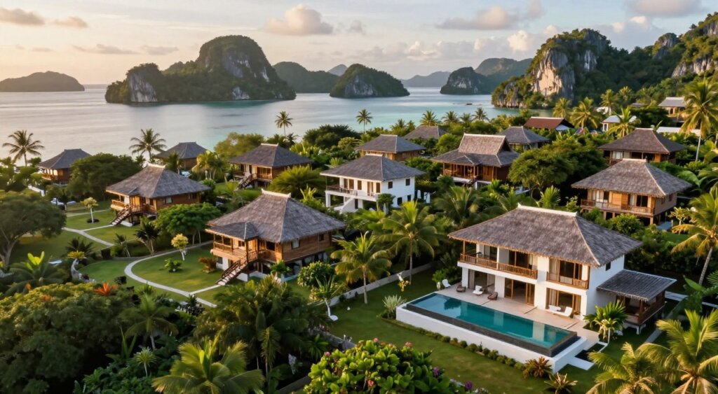 A panoramic view of Raja Ampat's real estate market, featuring a mix of modern luxury villas and traditional wooden bungalows nestled amidst lush tropical greenery. In the foreground, a well-maintained property with a stunning infinity pool and landscaped gardens showcases the area's investment potential. In the middle ground, a cluster of diverse real estate options, including eco-friendly homes and beachfront lots, reflects the character of the region. The background features the iconic limestone islands and turquoise waters typical of Raja Ampat, bathed in soft golden sunlight during the early evening, creating a warm and inviting atmosphere. The scene is captured in high-resolution with a slight tilt-shift perspective, imbuing it with a professional photojournalism quality reminiscent of National Geographic standards.