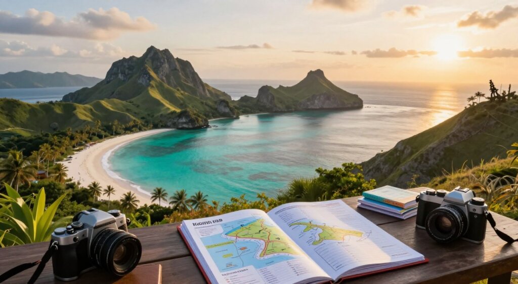 A panoramic view showcasing the stunning landscapes of Lombok and Komodo Island, emphasizing the vibrant turquoise waters and lush tropical vegetation. In the foreground, a well-organized travel planner rests on a table, featuring maps, a camera, and travel essentials. The middle ground conflicts the idyllic beaches of Lombok with dramatic cliffs leading towards the Komodo Island horizon, where silhouettes of Komodo dragons subtly blend into the scenery. The background is bathed in golden sunset light, casting a warm glow over the picturesque islands, enhancing their natural beauty. Capture this scene with a wide-angle lens, ensuring a balanced composition that reflects an adventurous yet tranquil atmosphere, perfect for inspiring future travelers. A panoramic view showcasing the stunning landscapes of Lombok and Komodo Island, emphasizing the vibrant turquoise waters and lush tropical vegetation. In the foreground, a well-organized travel planner rests on a table, featuring maps, a camera, and travel essentials. The middle ground conflicts the idyllic beaches of Lombok with dramatic cliffs leading towards the Komodo Island horizon, where silhouettes of Komodo dragons subtly blend into the scenery. The background is bathed in golden sunset light, casting a warm glow over the picturesque islands, enhancing their natural beauty. Capture this scene with a wide-angle lens, ensuring a balanced composition that reflects an adventurous yet tranquil atmosphere, perfect for inspiring future travelers.