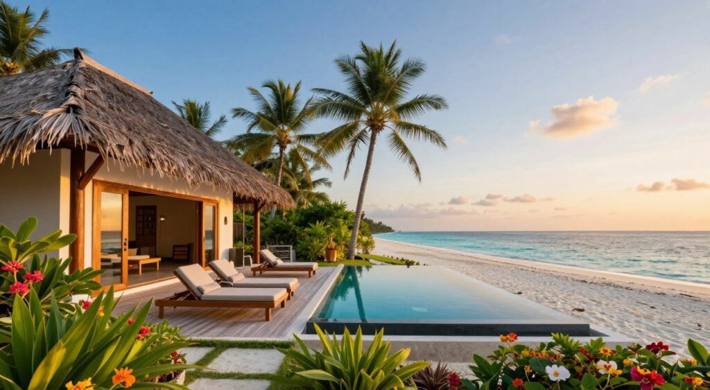 A picturesque Gili Trawangan vacation rental depicted in a serene environment by the beach. In the foreground, a beautifully-appointed villa with wooden beams and a thatched roof, surrounded by lush tropical foliage and colorful flowers. In the middle ground, a small infinity pool reflects the clear blue sky, with comfortable lounge chairs on the deck inviting relaxation. In the background, gently swaying palm trees and white sandy beaches stretch out towards the horizon, where the turquoise ocean meets a clear sky at sunset, casting warm golden hues. The atmosphere conveys tranquility and paradise, perfect for a vacation escape. Capture soft golden hour lighting with a wide-angle lens to emphasize the expansive beauty of the setting.