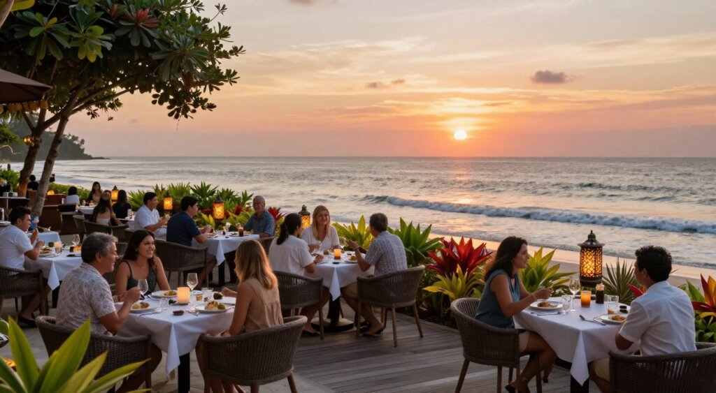 A picturesque beachfront dining scene in Sanur, showcasing elegantly set tables on a wooden deck overlooking the calm ocean. In the foreground, diners enjoy a delightful meal, dressed in modest casual clothing, smiling and engaging in conversation. The middle layer features vibrant tropical plants and decorative lanterns casting a warm glow. In the background, the sun sets over the sparkling waves, painting the sky with hues of orange and pink. The atmosphere is inviting and serene, evoking a sense of relaxation and indulgence. Capture this scene with soft, golden lighting, using a wide-angle lens to encompass both the dining setup and the breathtaking ocean view, creating a harmonious blend of leisure and natural beauty. A picturesque beachfront dining scene in Sanur, showcasing elegantly set tables on a wooden deck overlooking the calm ocean. In the foreground, diners enjoy a delightful meal, dressed in modest casual clothing, smiling and engaging in conversation. The middle layer features vibrant tropical plants and decorative lanterns casting a warm glow. In the background, the sun sets over the sparkling waves, painting the sky with hues of orange and pink. The atmosphere is inviting and serene, evoking a sense of relaxation and indulgence. Capture this scene with soft, golden lighting, using a wide-angle lens to encompass both the dining setup and the breathtaking ocean view, creating a harmonious blend of leisure and natural beauty.