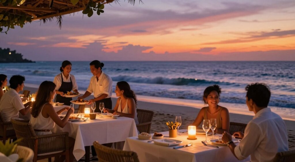 A picturesque beachfront dining scene in Seminyak at sunset. In the foreground, elegantly set tables with pristine white tablecloths, glowing candles, and fine dining utensils, illustrating a luxurious dining experience. The middle ground features diners dressed in modest casual clothing, enjoying their meals with smiles, as waitstaff elegantly serve dishes. In the background, a stunning view of the ocean waves gently lapping against the shore, reflecting vibrant hues of orange, purple, and pink from the sunset sky. Gentle, warm lighting enhances the ambiance, creating a relaxed yet sophisticated atmosphere. The image has a slight depth of field to focus on the dining scene while softly blurring the horizon, capturing the essence of a perfect evening by the sea. A picturesque beachfront dining scene in Seminyak at sunset. In the foreground, elegantly set tables with pristine white tablecloths, glowing candles, and fine dining utensils, illustrating a luxurious dining experience. The middle ground features diners dressed in modest casual clothing, enjoying their meals with smiles, as waitstaff elegantly serve dishes. In the background, a stunning view of the ocean waves gently lapping against the shore, reflecting vibrant hues of orange, purple, and pink from the sunset sky. Gentle, warm lighting enhances the ambiance, creating a relaxed yet sophisticated atmosphere. The image has a slight depth of field to focus on the dining scene while softly blurring the horizon, capturing the essence of a perfect evening by the sea.