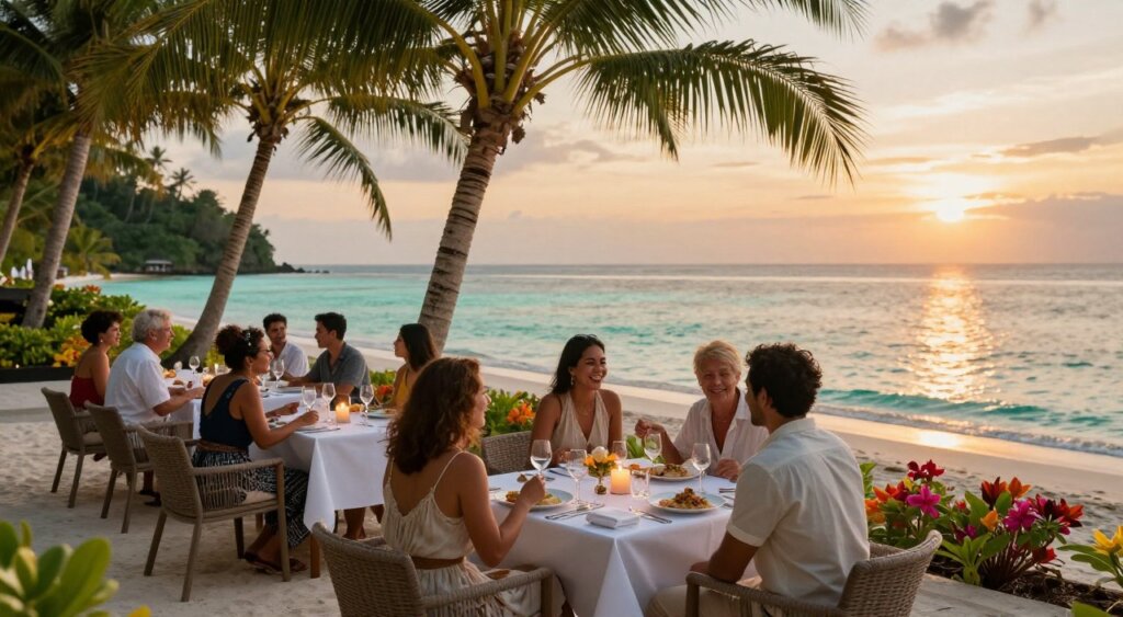 A picturesque beachfront dining scene on the Gili Islands, featuring a beautifully set table with an elegant white tablecloth, fine dinnerware, and flickering candles. In the foreground, a diverse group of diners—dressed in stylish, modest summer attire—are engaging in conversation, laughing, and enjoying their meals. The middle of the scene showcases a lush, tropical landscape with swaying palm trees and colorful flowers, adding a vibrant touch. In the background, the tranquil turquoise waters of the ocean surface gently caressed by the soft waves reflect the golden hues of a setting sun, creating a warm and inviting atmosphere. The image captures a sense of relaxation and culinary delight, perfectly embodying the exquisite dining experiences found on the Gili Islands. The lighting is soft, evoking a warm, idyllic evening ambiance, akin to professional photojournalism quality. A picturesque beachfront dining scene on the Gili Islands, featuring a beautifully set table with an elegant white tablecloth, fine dinnerware, and flickering candles. In the foreground, a diverse group of diners—dressed in stylish, modest summer attire—are engaging in conversation, laughing, and enjoying their meals. The middle of the scene showcases a lush, tropical landscape with swaying palm trees and colorful flowers, adding a vibrant touch. In the background, the tranquil turquoise waters of the ocean surface gently caressed by the soft waves reflect the golden hues of a setting sun, creating a warm and inviting atmosphere. The image captures a sense of relaxation and culinary delight, perfectly embodying the exquisite dining experiences found on the Gili Islands. The lighting is soft, evoking a warm, idyllic evening ambiance, akin to professional photojournalism quality.