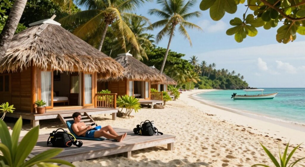 A picturesque beachfront resort on the Gili Islands, designed specifically for divers, featuring cozy bungalows surrounded by lush tropical greenery. In the foreground, divers in casual, modest attire are enjoying a post-dive relaxation on an inviting wooden deck, with equipment neatly arranged nearby. The middle ground showcases thatched-roof accommodations with large, open windows, inviting the ocean breeze and sunlight. A vibrant beach with clear turquoise waters stretches into the background, where a small boat can be seen parked, ready for the next diving adventure. The scene is bathed in warm afternoon sunlight, casting soft shadows and creating a serene, welcoming atmosphere, perfect for divers and nature enthusiasts alike. The image should have a shallow depth of field, focusing on the bungalows while gently blurring the background to emphasize the tranquil resort environment.