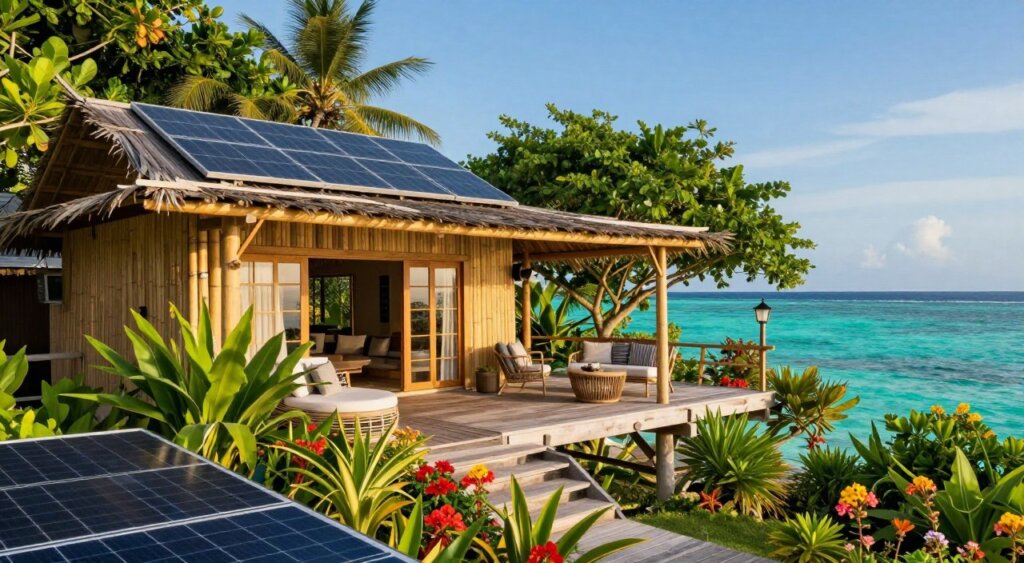 A picturesque eco-friendly villa on Gili Trawangan, designed with sustainable materials and surrounded by lush greenery. In the foreground, bamboo structures and solar panels blend seamlessly with vibrant tropical plants and flowers. The middle ground showcases the villa’s expansive wooden deck, complete with comfortable, stylish outdoor seating that encourages relaxation in nature. In the background, the crystalline turquoise waters of the ocean stretch toward a clear blue sky. The scene is illuminated by warm, golden hour sunlight, casting soft shadows and enhancing the serene atmosphere. The composition captures a harmonious balance between luxury and environmental responsibility, evoking a sense of peace and sustainability. Ideal for a professional photojournalism aesthetic, emphasizing the beauty of eco-tourism.