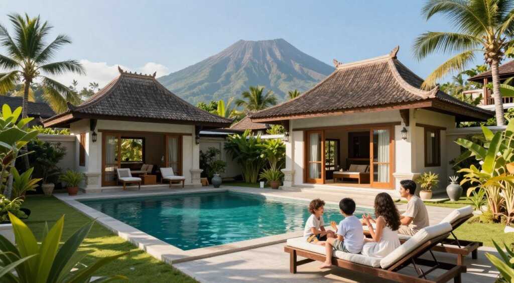 A picturesque family-friendly villa in Amed, Bali, featuring a spacious outdoor area with a private swimming pool surrounded by lush tropical gardens. In the foreground, a family of four is enjoying playful moments, dressed in modest casual clothing, while relaxing on sun loungers. The middle ground reveals the villa's elegant architecture with traditional Balinese design elements, open-air living areas, and a cozy terrace. In the background, the iconic Mount Agung rises majestically under a clear blue sky, casting soft shadows in the warm afternoon sunlight. The scene conveys a mood of relaxation and joy, capturing the essence of a perfect family getaway in a tropical paradise. The image is to be photographed in bright, natural lighting with a wide-angle lens, emphasizing the beauty of the surrounding landscape.