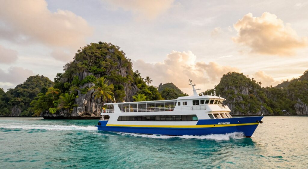A picturesque scene capturing the Sorong to Raja Ampat ferry in motion. In the foreground, the ferry glides through turquoise waters, showcasing its sleek design and vibrant colors, creating splashes of white foam. The middle ground features lush green islands and rocky cliffs, typical of the Raja Ampat archipelago, with tropical trees swaying gently in the breeze. In the background, a bright sky painted with soft clouds and the warm glow of the sunset contributes to a serene atmosphere. The image has a warm, inviting light, reminiscent of an evening journey, and is taken from a low angle to highlight the ferry's prominence against the breathtaking landscape. The scene evokes a sense of adventure and discovery.
