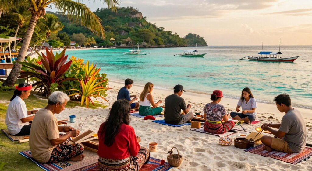 A picturesque scene capturing the cultural experiences of Gili Air in the foreground, featuring locals engaging in traditional crafts, such as weaving and painting, wearing modest, colorful clothing. In the middle ground, a small group of tourists, dressed in casual beachwear, enjoy a cooking class, surrounded by vibrant tropical flora. The background showcases the stunning turquoise waters of the Bali Sea, dotted with traditional wooden boats, and a lush, green island landscape under a soft golden sunset lighting. Use a wide-angle lens to encompass the rich details and create a warm, inviting atmosphere, reminiscent of a National Geographic photojournalism style, emphasizing the harmonious blend of local culture and tourism.