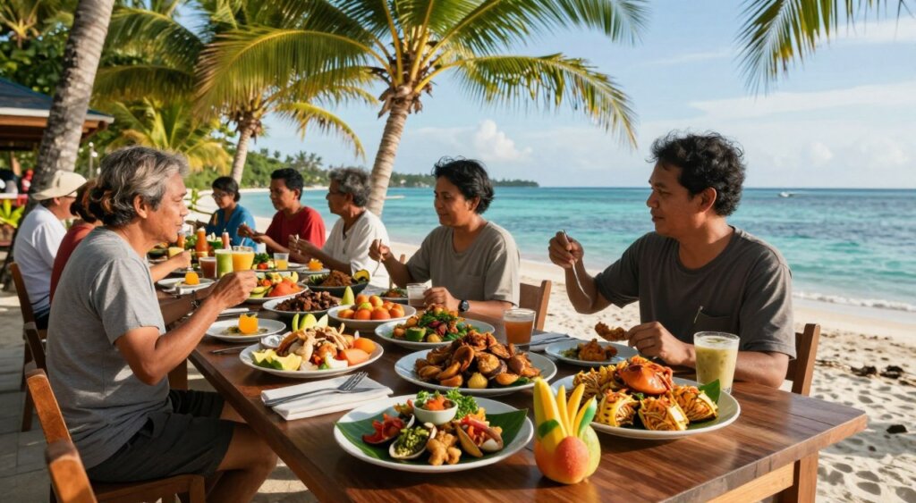 A picturesque scene capturing the dining options on the Gili Islands, Lombok, Indonesia. In the foreground, a beautifully set wooden table with vibrant local dishes, including fresh seafood, tropical fruits, and traditional Indonesian delicacies, artfully arranged. In the middle ground, locals and tourists are enjoying their meals, depicted in modest casual clothing, engaged in cheerful conversation. The background features lush palm trees and the turquoise waters of the island, under a clear blue sky with soft sunlight filtering through. The composition should evoke a warm and inviting atmosphere, with natural lighting enhancing the colors of the food and the idyllic setting. Capture this vibrant dining experience with a wide-angle lens, highlighting both the culinary delights and the joyful ambiance of the Gili Islands. A picturesque scene capturing the dining options on the Gili Islands, Lombok, Indonesia. In the foreground, a beautifully set wooden table with vibrant local dishes, including fresh seafood, tropical fruits, and traditional Indonesian delicacies, artfully arranged. In the middle ground, locals and tourists are enjoying their meals, depicted in modest casual clothing, engaged in cheerful conversation. The background features lush palm trees and the turquoise waters of the island, under a clear blue sky with soft sunlight filtering through. The composition should evoke a warm and inviting atmosphere, with natural lighting enhancing the colors of the food and the idyllic setting. Capture this vibrant dining experience with a wide-angle lens, highlighting both the culinary delights and the joyful ambiance of the Gili Islands.