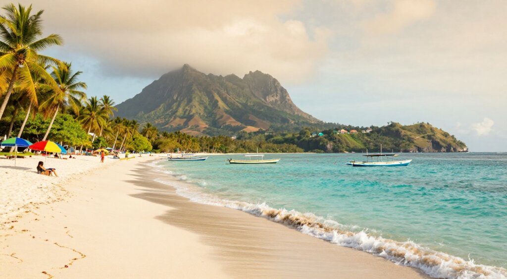 A picturesque scene capturing the stunning Lombok coastline and the Gili Islands under soft, golden sunlight during the dry season. In the foreground, pristine white sandy beaches with gentle waves lapping at the shore and vibrant beach umbrellas scattered about. The middle ground features colorful traditional fishing boats bobbing lightly in the turquoise waters, while lush green palm trees sway in the breeze. The background showcases the iconic volcanic mountains of Lombok, partially veiled in mist. The atmosphere is serene and inviting, reflecting the perfect weather for travelers. The composition uses a wide-angle lens to emphasize the expansive beauty of the landscape, with a slight warm filter to enhance the golden hour glow, portraying an ideal moment for exploration and relaxation. A picturesque scene capturing the stunning Lombok coastline and the Gili Islands under soft, golden sunlight during the dry season. In the foreground, pristine white sandy beaches with gentle waves lapping at the shore and vibrant beach umbrellas scattered about. The middle ground features colorful traditional fishing boats bobbing lightly in the turquoise waters, while lush green palm trees sway in the breeze. The background showcases the iconic volcanic mountains of Lombok, partially veiled in mist. The atmosphere is serene and inviting, reflecting the perfect weather for travelers. The composition uses a wide-angle lens to emphasize the expansive beauty of the landscape, with a slight warm filter to enhance the golden hour glow, portraying an ideal moment for exploration and relaxation.