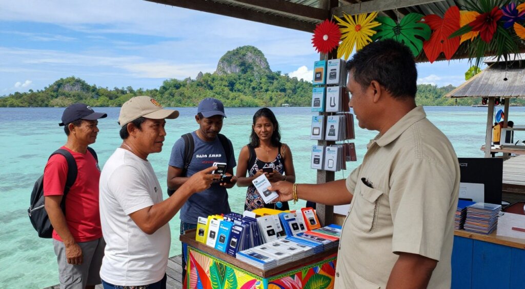A picturesque scene depicting a local vendor in Raja Ampat selling eSIM cards to tourists, highlighting the serene beauty of the region. In the foreground, a middle-aged man wearing a traditional, modest casual attire stands behind a colorful stall adorned with vibrant tropical decorations and various eSIM cards. The middle ground features a few curious tourists examining the options and engaging with the vendor. The background captures the stunning natural scenery of Raja Ampat, with turquoise waters, lush green islands, and clear blue skies. Soft, natural lighting illuminates the scene, creating an inviting atmosphere. Shot from a slightly elevated angle to encompass both the vendor and the breathtaking landscape, evoking a sense of adventure and connectivity in this remote paradise. A picturesque scene depicting a local vendor in Raja Ampat selling eSIM cards to tourists, highlighting the serene beauty of the region. In the foreground, a middle-aged man wearing a traditional, modest casual attire stands behind a colorful stall adorned with vibrant tropical decorations and various eSIM cards. The middle ground features a few curious tourists examining the options and engaging with the vendor. The background captures the stunning natural scenery of Raja Ampat, with turquoise waters, lush green islands, and clear blue skies. Soft, natural lighting illuminates the scene, creating an inviting atmosphere. Shot from a slightly elevated angle to encompass both the vendor and the breathtaking landscape, evoking a sense of adventure and connectivity in this remote paradise.