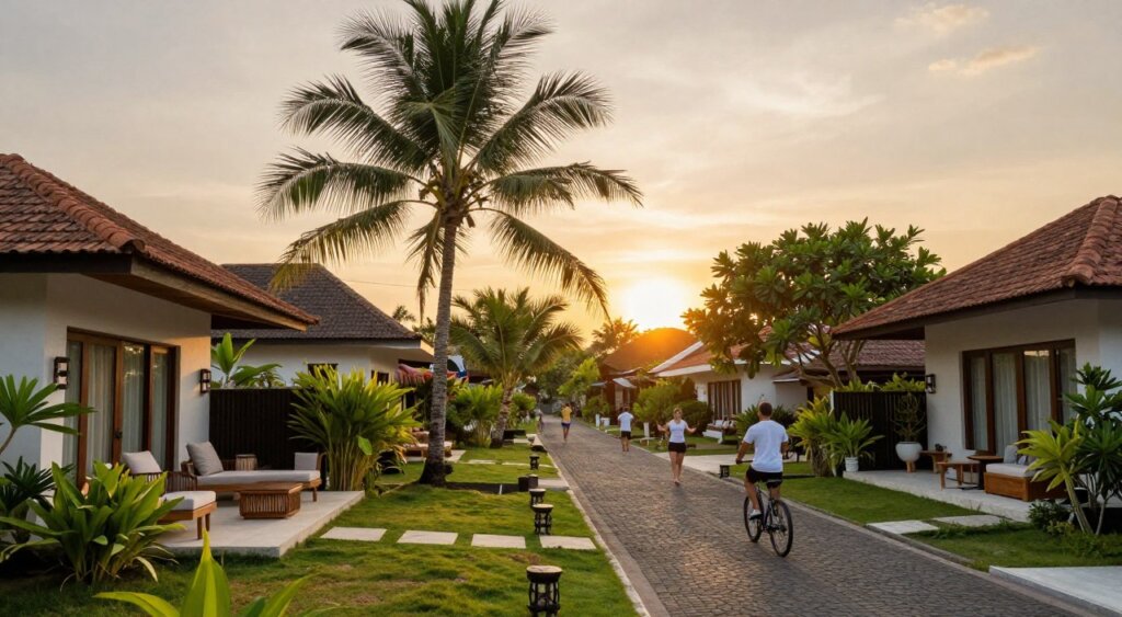 A picturesque scene depicting a serene Canggu neighborhood with a focus on long-term rental properties. Foreground features modern, stylish villas with lush tropical gardens and inviting outdoor spaces, showcasing comfortable seating arrangements. In the middle ground, palm trees sway gently, and locals enjoy leisurely activities such as yoga or cycling on a cobblestone path. The background reveals a vibrant sunset, casting warm golden light over the scene, enhancing the tranquil ambiance. A wide-angle lens captures the depth of the landscape, while soft, natural lighting adds a sense of warmth and welcoming atmosphere. The mood is relaxed and inviting, embodying the essence of living in Canggu's charming community.