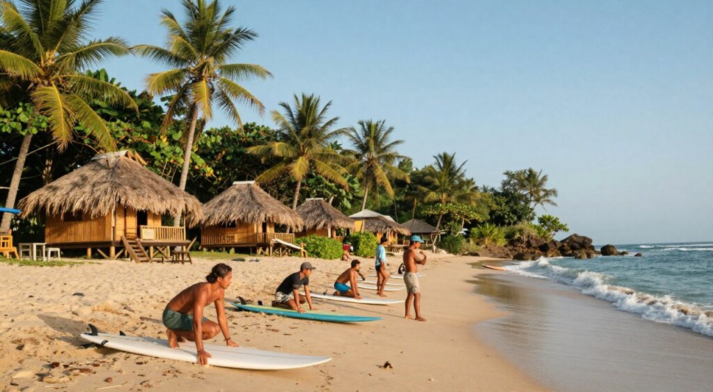 A picturesque scene depicting vibrant Indonesia, focusing on surf camp holiday packages. In the foreground, depict a group of enthusiastic surfers, dressed in casual, modest beach attire, preparing their surfboards on the sandy shores. The middle ground features a charming surf camp with thatched-roof bungalows surrounded by lush tropical vegetation, adding a sense of adventure and relaxation. In the background, the azure waves roll onto the beach, and palm trees sway gently in the breeze under a clear blue sky. The lighting is soft and warm, reminiscent of a golden hour glow, enhancing the inviting atmosphere. Capture this image with a wide-angle lens, emphasizing the connection between people, nature, and the thrill of surfing in a serene, idyllic setting.