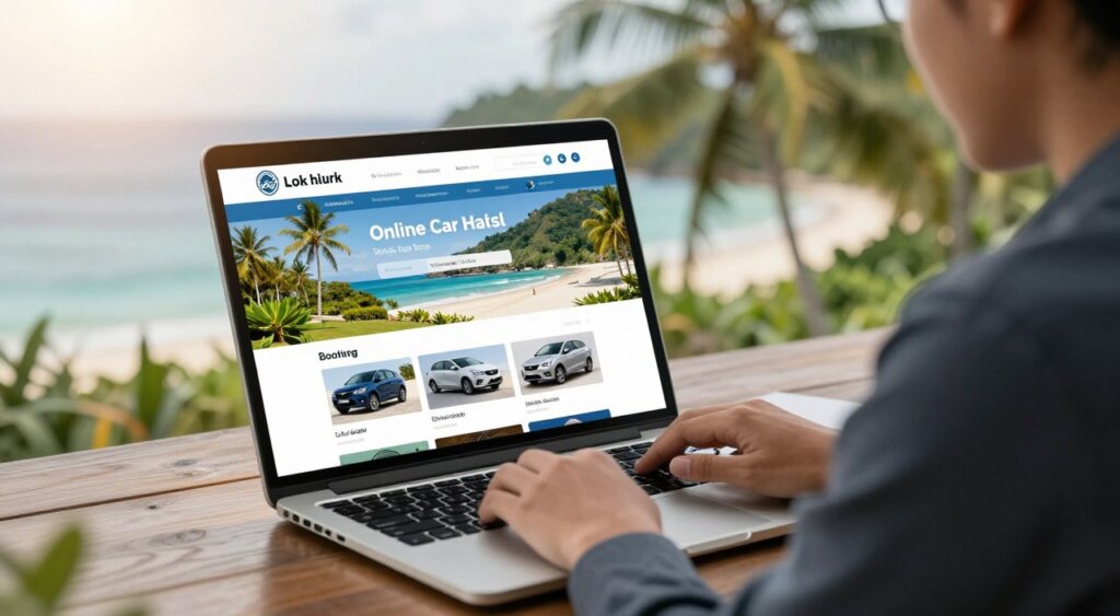 A picturesque scene illustrating the online car hire process in Lombok. In the foreground, a professional individual, dressed in smart casual attire, is seated at a sleek laptop, engaged in booking a car, with a sense of focus and determination. The middle ground features a bright and inviting desktop interface displayed on the laptop screen, showcasing various car options against a backdrop of lush Lombok landscapes, such as palm trees and sandy beaches. The background captures a serene view of Lombok’s natural beauty under soft, warm sunlight, enhancing the tropical ambiance. The composition is shot from a slightly elevated angle, emphasizing the connection between technology and travel, creating a mood of convenience and adventure in this vibrant destination.