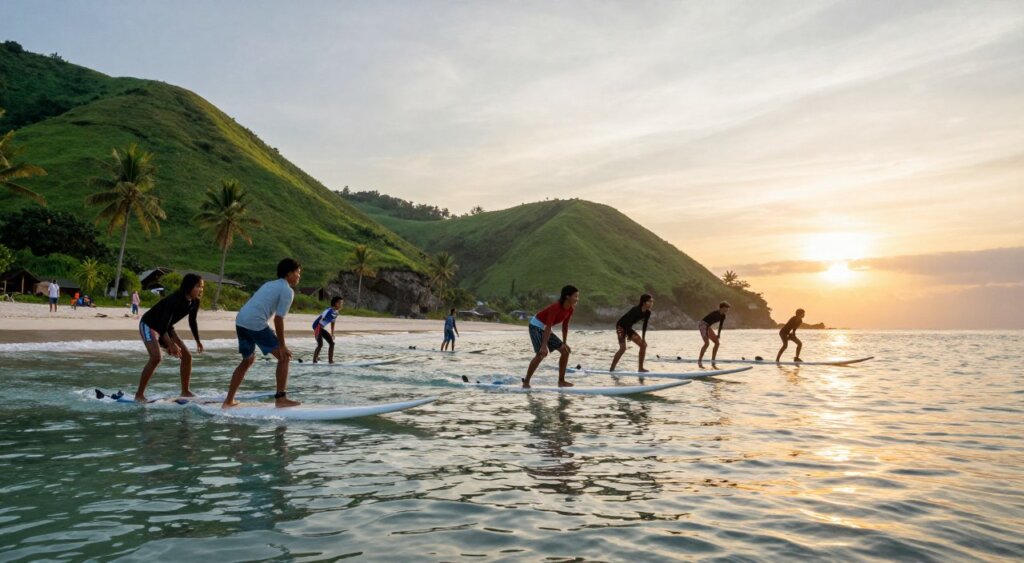A picturesque scene of a beginner surf spot in Lombok, Indonesia, showcasing calm, clear waters and gentle waves perfect for novice surfers. In the foreground, a diverse group of beginners, wearing modest surf attire, practice balancing on their boards in the shallow surf, displaying excitement and determination. The middle ground features vibrant green hills framing the beach, with a few scattered palm trees swaying gently in the breeze. In the background, the sun sets on the horizon, casting warm golden light across the sky and reflecting softly on the water's surface. The photo is captured from a low angle, emphasizing the surfers and the inviting waters, creating an atmosphere of adventure and tranquility. The image should evoke a sense of exploration and the joy of learning to surf in a beautiful tropical setting.