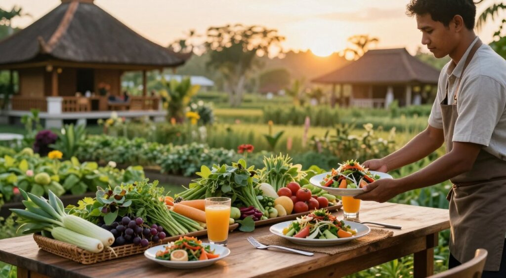 A picturesque scene of a sustainable farm-to-table dining experience in Sanur, featuring a beautifully set wooden table adorned with fresh, colorful local produce and artisanal dishes. In the foreground, a waiter in modest casual clothing serves a vibrant salad and a glass of organic juice. The middle layer includes a lush garden filled with herbs, vegetables, and tropical plants, all meticulously arranged to emphasize local sourcing. In the background, traditional Balinese architecture complements the scene under a warm, golden sunset, casting a soft glow that enhances the inviting atmosphere. The photograph should have a shallow depth of field, with a focus on the dining setup, creating a serene and eco-friendly vibe, reminiscent of National Geographic's photojournalism style.