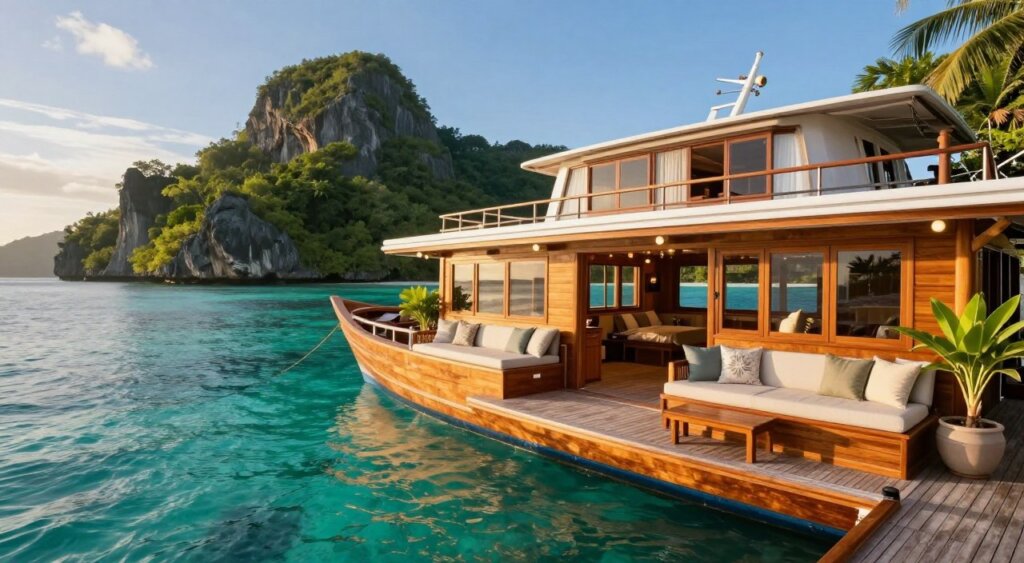A picturesque scene of the Bigkanu Raja Ampat liveaboard accommodation, capturing a luxurious wooden boat anchored in crystal clear turquoise waters. In the foreground, show well-furnished deck spaces with comfortable seating areas, adorned with soft cushions and tropical plants. In the middle ground, include glimpses of elegant cabins with panoramic windows and ocean views, showcasing warm wooden interiors and inviting bedding. A background of dramatic rocky islands and lush green vegetation typical of Raja Ampat's stunning landscape should be visible under a bright blue sky. The golden hour lighting bathes the scene in a warm glow, enhancing the tranquil atmosphere of a serene tropical getaway. The image should reflect the essence of an upscale marine experience, ideal for adventure and relaxation.