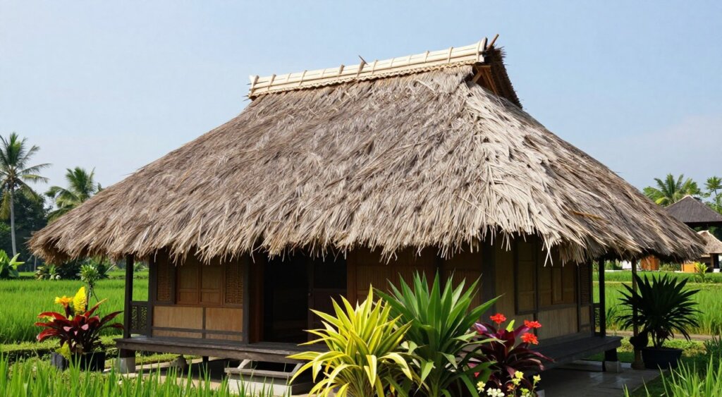 A picturesque scene showcasing the aesthetic appeal of Bali thatching, featuring a traditional Balinese house with a beautifully crafted thatched roof made from natural materials. In the foreground, vibrant tropical plants and colorful flowers surround the house, enhancing its charm. The middle ground displays the intricate details of the thatching, highlighting its texture and craftsmanship. The background reveals lush green rice paddies under a clear blue sky, illuminating the scene with soft, natural lighting. The image is shot from a low angle to emphasize the height and elegance of the thatched roof, creating a serene and inviting atmosphere. Ideal for an article on traditional Balinese architecture and its benefits.