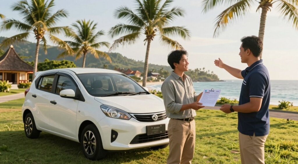 A picturesque scene showcasing the concept of affordable car hire in Lombok. In the foreground, a modern, affordable compact car is parked on a vibrant, green grassy area. A young man in casual attire examines a rental agreement, while a smiling local car rental agent, dressed in a professional polo shirt, stands beside him, gesturing toward scenic views. In the middle ground, palm trees sway gently in the breeze, and traditional Lombok architecture is visible in the distance. The background reveals glimpses of stunning hills and the blue coastline, bathed in warm sunlight during golden hour, creating a welcoming and relaxed atmosphere. The image should evoke a sense of adventure and accessibility, with a focus on personal connection and service.