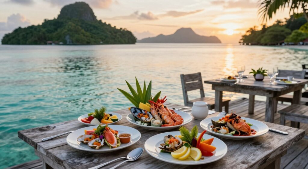 A picturesque seafood dining scene at Wai Resort in Raja Ampat, set against a stunning ocean backdrop. In the foreground, elegantly arranged dishes featuring fresh local seafood, beautifully garnished with tropical herbs and fruits. The middle ground shows a rustic dining table made from reclaimed wood, adorned with tasteful tableware. In the background, the serene turquoise waters of the bay reflect the soft golden light of sunset, with lush green islands dotting the horizon. The atmosphere is tranquil and inviting, capturing the essence of a tropical getaway. Use soft, warm lighting to enhance the mood, shot from a slightly elevated angle to encompass the breathtaking view. No people are present in the image. Focus on creating a harmonious blend of nature and fine dining experiences.