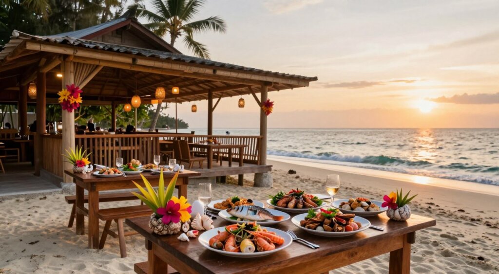 A picturesque seafood restaurant on Gili Air, nestled along the sandy beach. In the foreground, wooden tables adorned with vibrant tropical flowers and seashell decorations are set for dining, with elegantly arranged seafood dishes showcasing fresh catch and local flavors. The middle ground features the restaurant's open wooden structure, decorated with bamboo and hanging lanterns, providing a cozy yet upscale atmosphere. In the background, gentle waves lap against the shore under a soft, golden sunset, casting warm, inviting hues over the scene. The scene is captured with a wide-angle lens at a low angle to emphasize the ambiance, creating a tranquil and inviting mood, ideal for visitors seeking culinary delights by the sea.