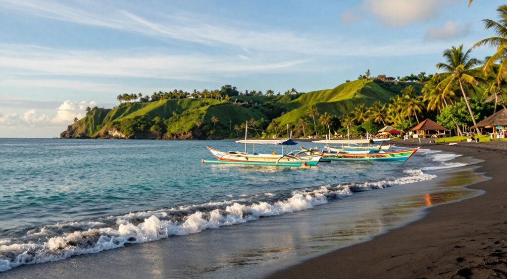 A picturesque view of Amed, Bali, capturing the tranquil beauty of this coastal haven. In the foreground, gentle waves lap against the black sand beach, reflecting shimmering sunlight. The middle features a scenic row of traditional Balinese fishing boats, vibrant and intricately painted, bobbing in the clear turquoise waters. Lush green hills rise in the background, dotted with palm trees swaying in the breeze. The sky is a soft blue with delicate wisps of clouds, evoking a sense of serenity. The scene is bathed in warm, golden hour light, enhancing the colors and creating a peaceful atmosphere, reminiscent of paradise. The angle is slightly elevated, showcasing the landscape's depth and beauty, reminiscent of National Geographic photography standards.