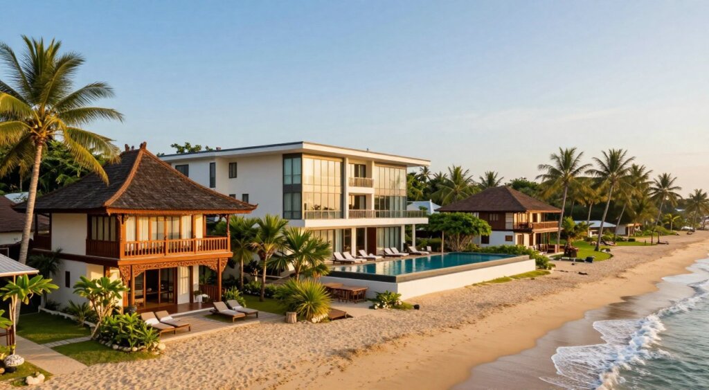 A picturesque view of Sanur beach hotels, showcasing three distinct types of accommodations along the shoreline. In the foreground, a charming boutique hotel with traditional Balinese architecture, featuring ornate wooden carvings and lush tropical gardens. In the middle, a modern beachfront resort with sleek glass facades and infinity pools, dotted with sun loungers. In the background, a cozy, family-run guesthouse nestled among palm trees, providing an inviting and homey atmosphere. Soft golden light from a setting sun casts a warm glow across the scene, creating a tranquil mood. The angle captures the hotels from a slight elevation, emphasizing their proximity to the sandy beach and the gentle waves lapping at the shore, with clear blue skies above. A picturesque view of Sanur beach hotels, showcasing three distinct types of accommodations along the shoreline. In the foreground, a charming boutique hotel with traditional Balinese architecture, featuring ornate wooden carvings and lush tropical gardens. In the middle, a modern beachfront resort with sleek glass facades and infinity pools, dotted with sun loungers. In the background, a cozy, family-run guesthouse nestled among palm trees, providing an inviting and homey atmosphere. Soft golden light from a setting sun casts a warm glow across the scene, creating a tranquil mood. The angle captures the hotels from a slight elevation, emphasizing their proximity to the sandy beach and the gentle waves lapping at the shore, with clear blue skies above.