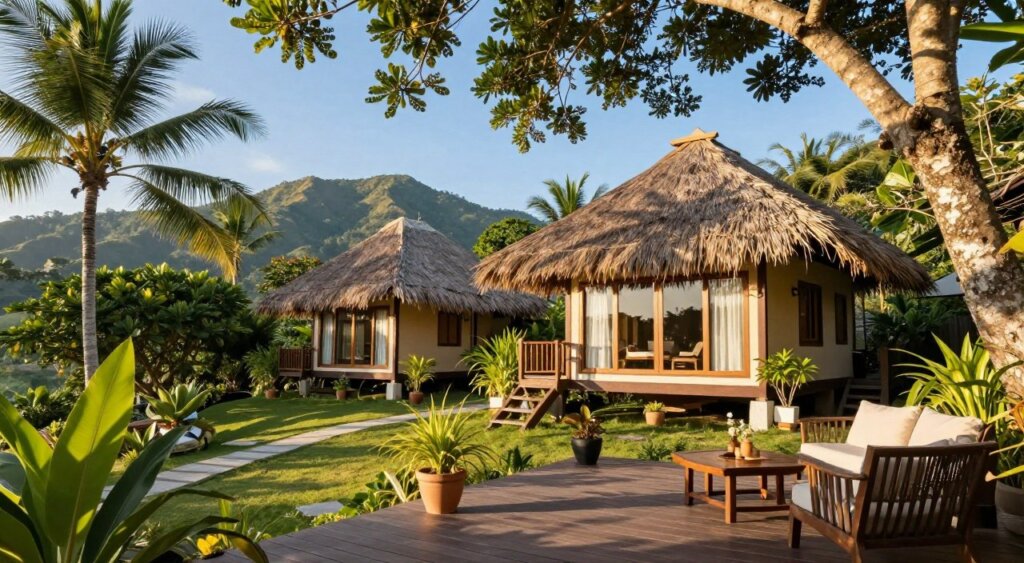 A picturesque view of a Kuta Lombok accommodation scene, featuring a beautiful eco-friendly bungalow surrounded by lush tropical greenery. In the foreground, a wooden deck with comfortable outdoor seating, adorned with potted plants, invites relaxation. The middle layer showcases the charming bungalow made of local materials, with a thatched roof and large windows that reflect stunning natural light. The background highlights the majestic hills and a clear blue sky, creating a serene atmosphere. Soft, golden sunlight filters through the trees, casting dappled shadows on the ground, evoking a peaceful and tranquil mood. This image should resemble a high-quality photojournalism style, capturing the essence of a perfect getaway in Lombok Kuta.