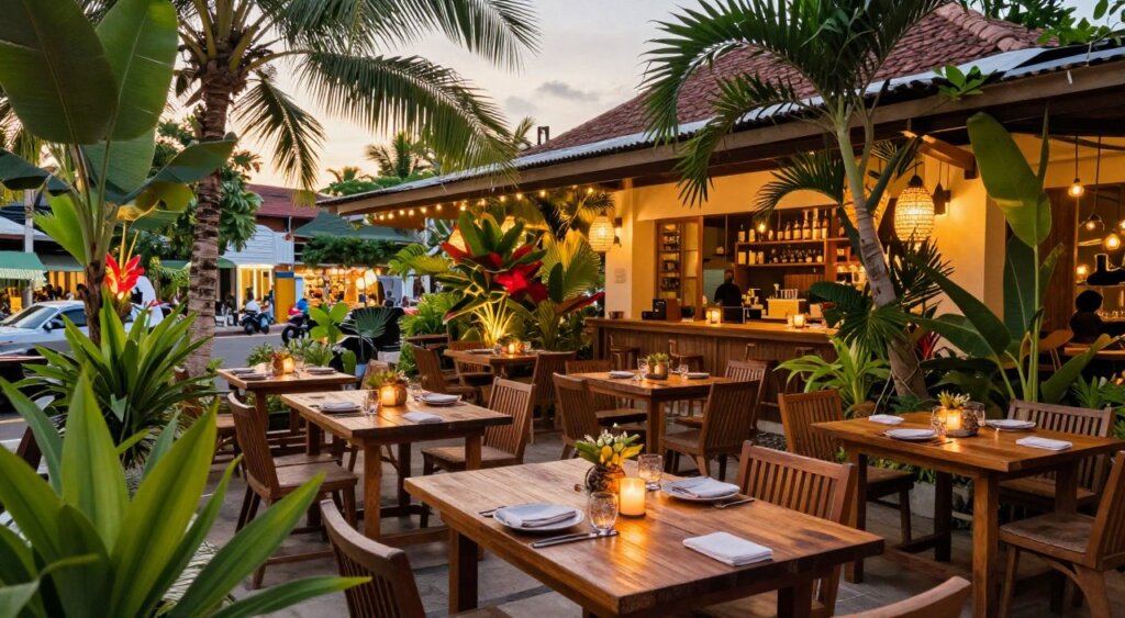 A picturesque view of a hidden gem restaurant in Seminyak, showcasing an inviting outdoor dining area surrounded by lush tropical greenery. In the foreground, elegantly set wooden tables with rustic decorations, neatly arranged tableware, and flickering candles create a warm atmosphere. The middle ground features the restaurant's stylish décor, with soft fairy lights and vibrant plants enhancing the cozy vibe. In the background, glimpses of the lively Seminyak street and palm trees can be seen, suggesting a bustling yet relaxed environment. The scene is bathed in soft golden hour lighting, casting a gentle glow on the surroundings. Capture this vibrant setting from a slightly elevated angle to emphasize the intimate dining experience. The overall mood is enchanting and inviting, evoking a sense of discovery and tranquility in this tropical paradise.