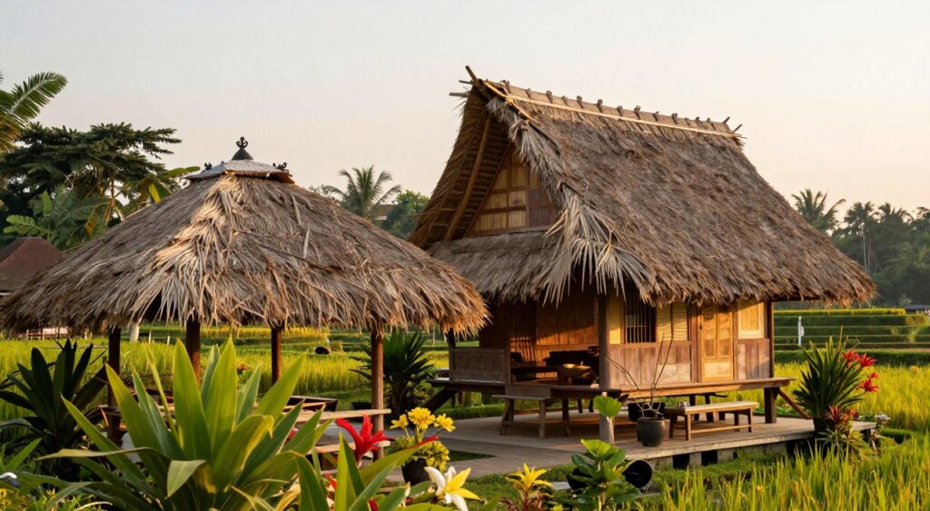 A picturesque view of a traditional Balinese thatching roof, showcasing its intricate design and cozy applications. In the foreground, lush tropical foliage and vibrant flowers frame the scene, highlighting a beautifully thatched gazebo used for relaxation. In the middle, a charming wooden structure with a steeply pitched roof covered in layered palm leaves is artistically displayed. The background features a serene rice terrace under soft golden hour lighting, enhancing the warmth of the scene. The atmosphere is tranquil and inviting, ideal for a peaceful retreat. The image should have a natural, candid feel, resembling high-quality photojournalism, captured with a wide-angle lens to emphasize the surrounding beauty. The overall composition should evoke a sense of harmony with nature.