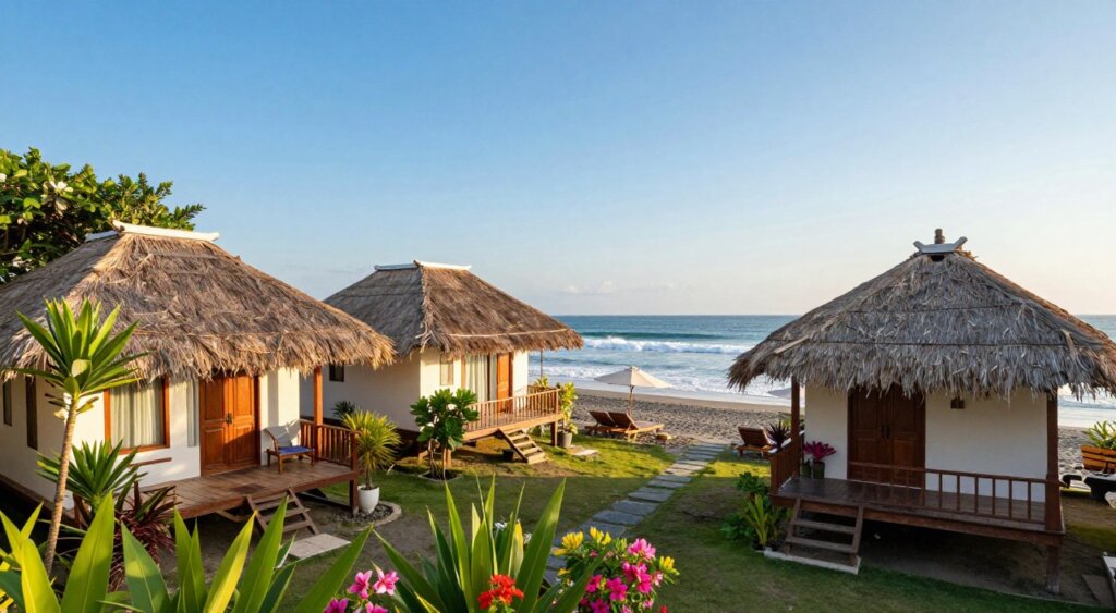 A picturesque view of affordable beach hotels in Sanur, Bali, featuring charming, modest beachfront accommodations. In the foreground, vibrant tropical greenery and colorful flowers frame inviting hotel entrances with wooden decks and thatched roofs. In the middle ground, a serene beach stretches along the coast with a few sun-loungers and parasols, subtly highlighting the budget-friendly vibe. The background showcases a stunning ocean vista with gentle waves and a clear blue sky, illuminated by warm, golden sunlight, creating a welcoming atmosphere. The image should evoke a sense of relaxation and charm, captured in a professional photojournalistic style with a wide-angle lens, focusing on a balanced composition that highlights both the hotels and the natural beauty of the beach setting. A picturesque view of affordable beach hotels in Sanur, Bali, featuring charming, modest beachfront accommodations. In the foreground, vibrant tropical greenery and colorful flowers frame inviting hotel entrances with wooden decks and thatched roofs. In the middle ground, a serene beach stretches along the coast with a few sun-loungers and parasols, subtly highlighting the budget-friendly vibe. The background showcases a stunning ocean vista with gentle waves and a clear blue sky, illuminated by warm, golden sunlight, creating a welcoming atmosphere. The image should evoke a sense of relaxation and charm, captured in a professional photojournalistic style with a wide-angle lens, focusing on a balanced composition that highlights both the hotels and the natural beauty of the beach setting.
