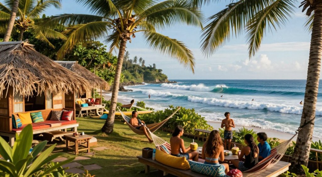 A picturesque view of an Indonesia surf camp accommodation, set against a backdrop of lush tropical greenery and vibrant blue ocean waves. In the foreground, wooden bungalows with thatched roofs are nestled among palm trees, showcasing cozy outdoor seating areas with colorful cushions. In the middle, surfers in modest casual attire are seen relaxing on hammocks or gathering around a communal area, sipping fresh coconut water and enjoying the laid-back atmosphere. The background features breathtaking surf breaks with surfers riding the waves under a clear blue sky, illuminated by warm, golden sunlight. The scene captures the essence of island life, evoking a sense of adventure and tranquility, enhancing the overall mood of a perfect surf trip getaway. The image should have a slight depth of field to emphasize the accommodation while keeping the ocean activity in focus. A picturesque view of an Indonesia surf camp accommodation, set against a backdrop of lush tropical greenery and vibrant blue ocean waves. In the foreground, wooden bungalows with thatched roofs are nestled among palm trees, showcasing cozy outdoor seating areas with colorful cushions. In the middle, surfers in modest casual attire are seen relaxing on hammocks or gathering around a communal area, sipping fresh coconut water and enjoying the laid-back atmosphere. The background features breathtaking surf breaks with surfers riding the waves under a clear blue sky, illuminated by warm, golden sunlight. The scene captures the essence of island life, evoking a sense of adventure and tranquility, enhancing the overall mood of a perfect surf trip getaway. The image should have a slight depth of field to emphasize the accommodation while keeping the ocean activity in focus.