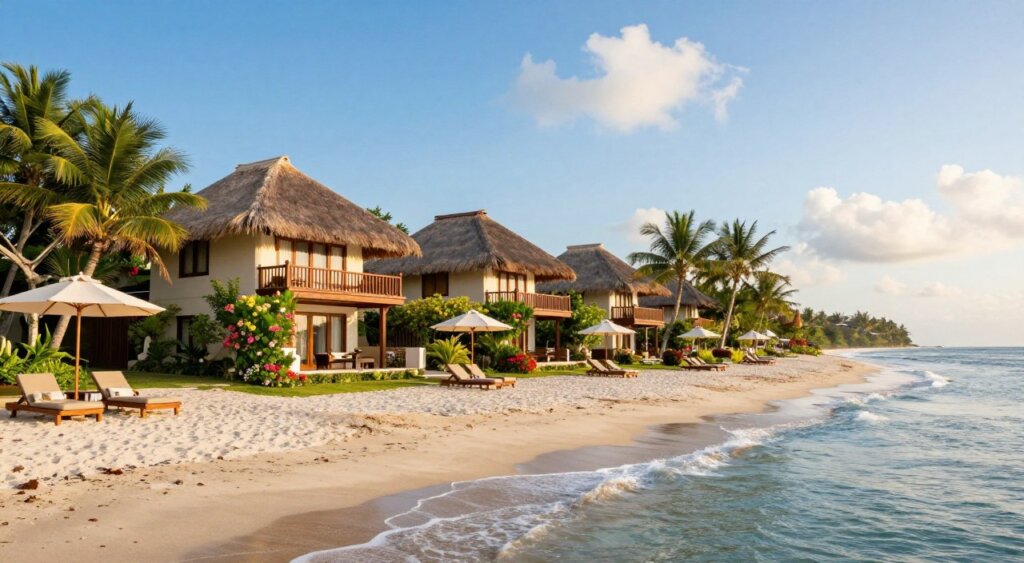 A picturesque view of boutique beachside hotels in Sanur, Bali, showcasing charming private villas with thatched roofs and lush, tropical gardens. In the foreground, white sandy beach with soft waves gently lapping at the shore, dotted with comfortable lounge chairs and umbrellas. In the middle, elegant hotels featuring natural wood balconies and vibrant flower gardens, inviting guests to unwind. The background displays a clear blue sky with a few fluffy clouds and the serene ocean, reflecting the golden rays of the late afternoon sun. The scene radiates tranquility and luxury, evoking a warm and inviting atmosphere perfect for relaxation. The image should be captured in high resolution, with natural lighting and a slight wide-angle lens effect to encompass the beauty of the entire beachfront setting. A picturesque view of boutique beachside hotels in Sanur, Bali, showcasing charming private villas with thatched roofs and lush, tropical gardens. In the foreground, white sandy beach with soft waves gently lapping at the shore, dotted with comfortable lounge chairs and umbrellas. In the middle, elegant hotels featuring natural wood balconies and vibrant flower gardens, inviting guests to unwind. The background displays a clear blue sky with a few fluffy clouds and the serene ocean, reflecting the golden rays of the late afternoon sun. The scene radiates tranquility and luxury, evoking a warm and inviting atmosphere perfect for relaxation. The image should be captured in high resolution, with natural lighting and a slight wide-angle lens effect to encompass the beauty of the entire beachfront setting.