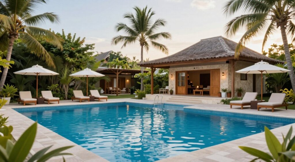 A picturesque view of the Lombok Surf House facilities, featuring a serene swimming pool surrounded by lush tropical gardens. In the foreground, showcase the sparkling blue water of the pool with sun loungers and umbrellas neatly arranged on the deck. The middle ground should include the stylish architectural design of the surf house, incorporating natural materials like wood and stone, with a cozy seating area under a shaded pergola. In the background, capture palm trees swaying gently under a clear, sunny sky, adding to the tranquil atmosphere. Use soft, warm lighting to evoke a welcoming vacation vibe, framed with a slight lens blur to emphasize the pool area as the focal point. The scene should convey relaxation and community in a beautiful seaside setting.