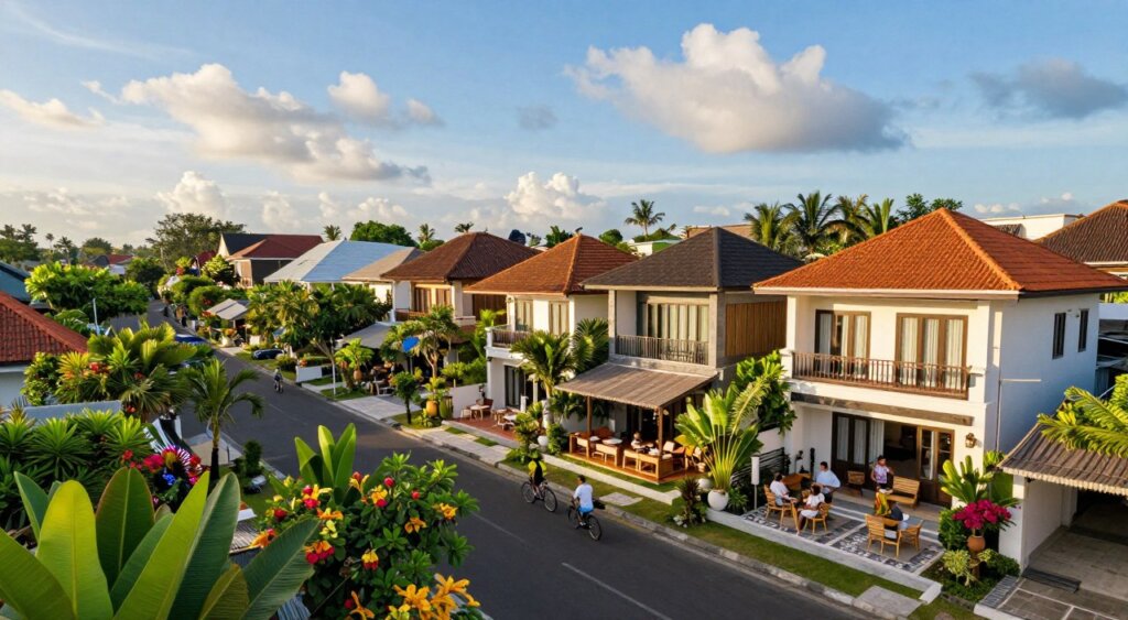 A picturesque view of the vibrant Canggu neighborhood in Bali, showcasing its popular long-term rental areas. In the foreground, a row of charming, modern villas with lush tropical gardens, complete with palm trees and colorful flowers. In the middle ground, locals can be seen cycling or strolling along tree-lined avenues, with a cozy café featuring outdoor seating and hangout spots. The background features traditional Balinese architecture blended with contemporary styles, under a bright blue sky scattered with soft, fluffy clouds. The scene is bathed in warm, golden sunlight, creating an inviting and serene atmosphere. Shot with a wide-angle lens for a sweeping view, emphasizing the beauty and liveliness of Canggu.