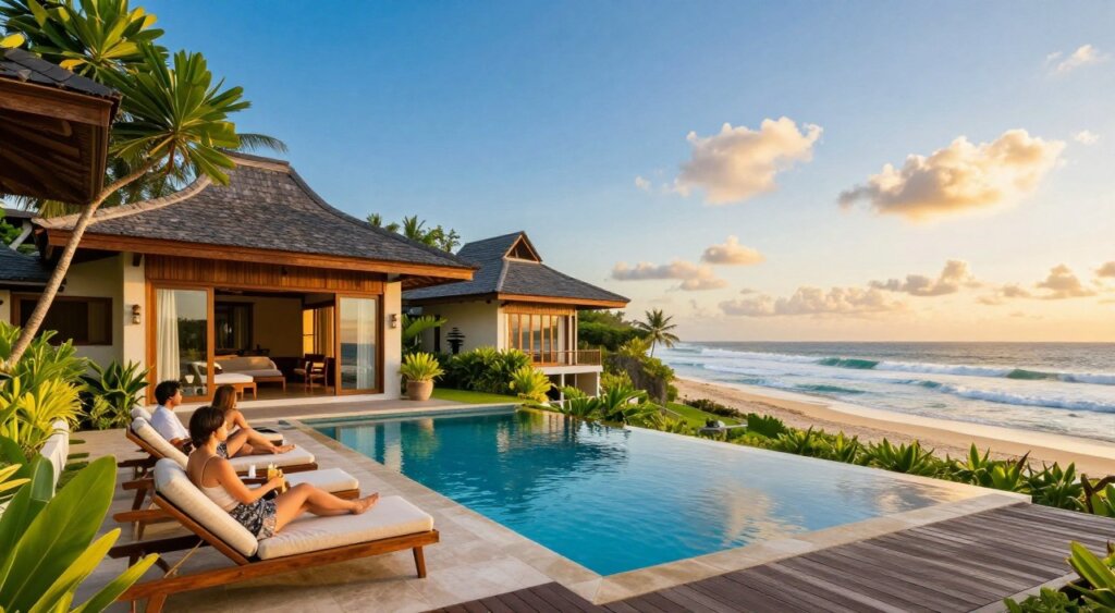 A picturesque villa and hotel accommodation near Canggu Beach, showcasing vibrant tropical architecture surrounded by lush greenery. In the foreground, a beautifully designed infinity pool with lounge chairs invites relaxation, while a small wooden deck features guests in modest casual clothing enjoying refreshments. The middle ground includes the elegant villa and hotel buildings, capturing rich wood accents and large windows reflecting the stunning beach view. In the background, the gentle waves of Canggu Beach roll onto the shore under a clear blue sky, with a hint of golden sunlight filtering through scattered clouds. The atmosphere is warm and inviting, evoking a sense of tranquility and escape. High-resolution image captured with a wide-angle lens at sunset to enhance colors and depth. The scene is devoid of any text or distractions.