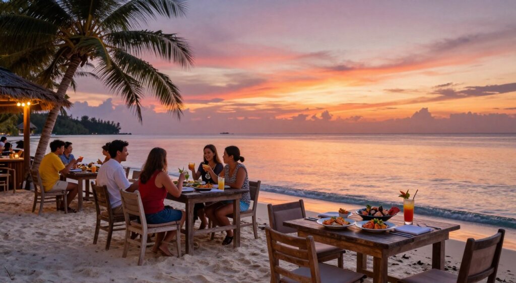 A picturesque waterfront dining scene on Gili Air at sunset, showcasing an inviting restaurant with rustic wooden tables and comfortable chairs set up on the beach. In the foreground, elegantly arranged seafood dishes and tropical drinks are artfully placed on tables. The middle ground highlights diners enjoying their meals, wearing relaxed but modest casual attire, laughing and toasting. The background features a stunning sunset over the ocean, with vibrant hues of orange, pink, and purple reflecting off the water, creating a warm and romantic atmosphere. The soft lighting accentuates the natural beauty of the island, while gentle waves lap at the shoreline. Capture this enchanting moment from a low-angle perspective to emphasize the depth of the scene.