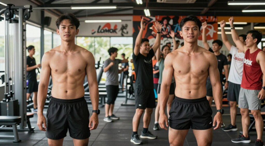 A powerful transformation scene capturing a Lombok Gym member's inspiring success story, featuring a before and after portrayal of their fitness journey. In the foreground, the individual stands confidently, dressed in a fitted athletic outfit, showcasing their toned physique and glowing with newfound energy. The middle ground highlights elements of the gym environment, such as weightlifting equipment and motivational posters. In the background, friends and trainers enthusiastically celebrate, implying a strong community support system. The lighting is bright and uplifting, simulating a sunny, energizing gym atmosphere. The image is framed with a slight upward angle, emphasizing growth and achievement, creating an overall mood of triumph and inspiration reflective of Lombok Gym's commitment to member success.