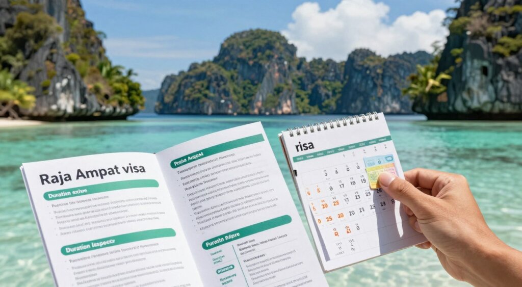 A professional and visually engaging scene depicting the concept of Raja Ampat visa information, focusing on the duration and expiry aspect. In the foreground, a well-organized travel brochure open to a page featuring detailed information about the Raja Ampat visa, with key points highlighted. In the middle ground, a hand casually holding a visa stamp while pointing at a calendar showing various dates marked for expiration. The background showcases a tranquil view of Raja Ampat's iconic limestone islands and turquoise waters under bright, natural sunlight, emphasizing a serene tropical atmosphere. Capture the mood of anticipation and adventure, with a focus on clarity and resolution, akin to high-quality photojournalism in National Geographic style. The image should be free of any text overlays or distractions.