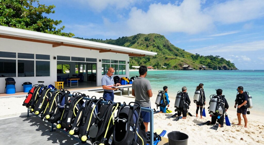 A professional dive centre facility in Lombok, showcasing a vibrant, tropical atmosphere. In the foreground, neatly arranged diving gear and equipment, with a friendly instructor in modest casual attire engaging with a group of divers. The middle ground features a modern dive centre structure with open-air design, large windows, and well-organized areas for training and briefings. In the background, the stunning coastal landscape of Lombok with lush green hills and crystal-clear waters, under a bright blue sky. Soft, natural lighting enhances the inviting and adventurous mood. Capture this scene with a wide-angle lens to convey the spaciousness and professionalism of the facility, reflecting the essential role of dive centres in scuba diving experiences. A professional dive centre facility in Lombok, showcasing a vibrant, tropical atmosphere. In the foreground, neatly arranged diving gear and equipment, with a friendly instructor in modest casual attire engaging with a group of divers. The middle ground features a modern dive centre structure with open-air design, large windows, and well-organized areas for training and briefings. In the background, the stunning coastal landscape of Lombok with lush green hills and crystal-clear waters, under a bright blue sky. Soft, natural lighting enhances the inviting and adventurous mood. Capture this scene with a wide-angle lens to convey the spaciousness and professionalism of the facility, reflecting the essential role of dive centres in scuba diving experiences.