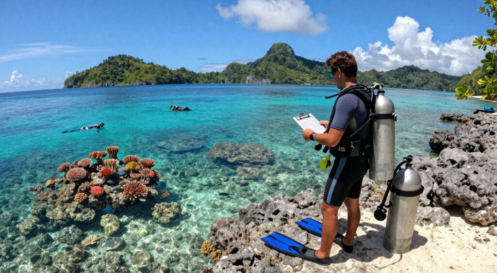 A professional diving guide stands on a rocky beach in Raja Ampat, wearing a stylish yet modest dive suit, surrounded by vibrant coral reefs visible through clear turquoise waters. In the foreground, the guide holds a dive slate marked with various dive site information, while a scuba tank and flippers rest nearby on the sand. The middle ground showcases an underwater view, where colorful fish and corals thrive, with a small group of divers exploring the depths. The background features lush green islands under a bright blue sky, with a few fluffy white clouds. The scene is illuminated by warm natural sunlight, creating an inviting and adventurous atmosphere, perfect for an introduction to the stunning dive sites of Raja Ampat. Shot from a slightly elevated angle to capture the coastal landscape and the diversity of marine life.