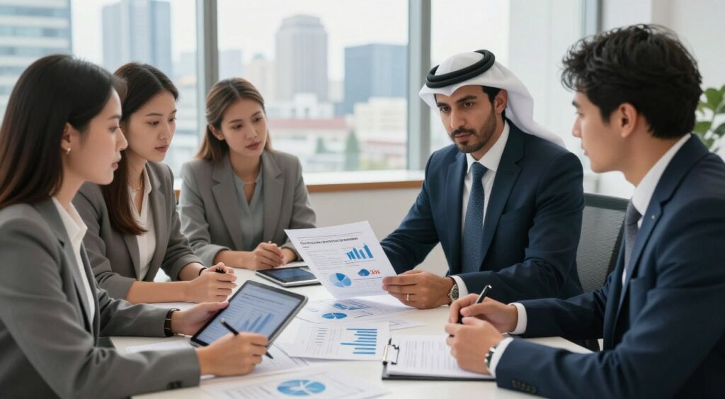 A professional financial advisor sitting at a modern office desk, analyzing tax obligations for foreign investors. In the foreground, a diverse group of investors—an Asian woman in business attire, a Middle Eastern man in a tailored suit, and a Caucasian woman in smart casual clothing—engaged in discussion over documents and digital tablets. The middle section features charts and graphs on the table, depicting various tax rates and obligations, illuminated by soft natural light streaming through large windows. In the background, a city skyline can be seen, hinting at a bustling financial district. The mood is serious yet collaborative, emphasizing professionalism and insight in the banking and financial services sector. The image captures a dynamic moment in a confident and inviting atmosphere, showcasing the complexities of tax obligations effectively.