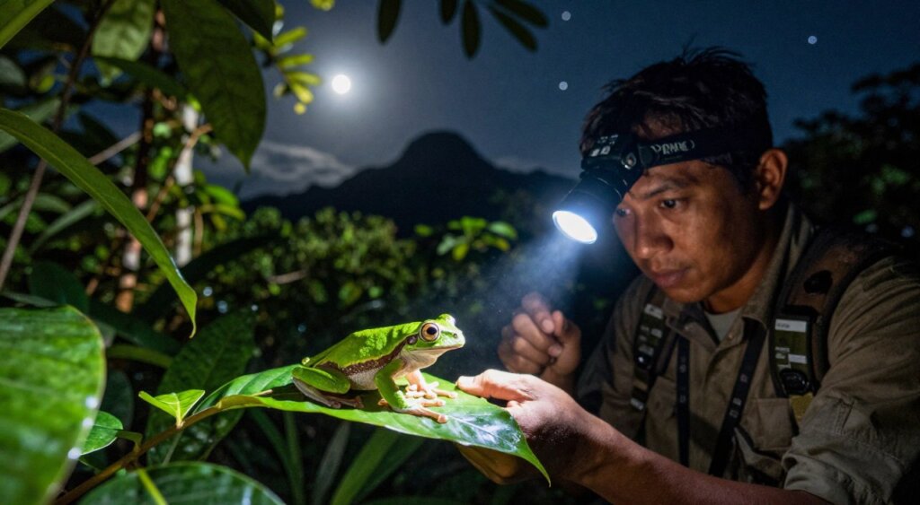 A professional herpetologist conducting night herping techniques in Raja Ampat. In the foreground, capture the researcher with a headlamp, focused on examining a vibrant green tree frog perched on a leaf, surrounded by lush tropical foliage. The middle ground showcases the diverse rainforest habitat illuminated by the soft glow of moonlight filtering through the trees, enhancing the atmosphere of exploration. In the background, silhouettes of mountains and the night sky filled with stars add depth and natural beauty. The scene should evoke a sense of adventure and discovery, with a balanced composition that highlights the intricate details of the subject and environment. Use a shallow depth of field to keep the herpetologist and frog in sharp focus while softly blurring the background, creating a compelling photojournalism-style image.