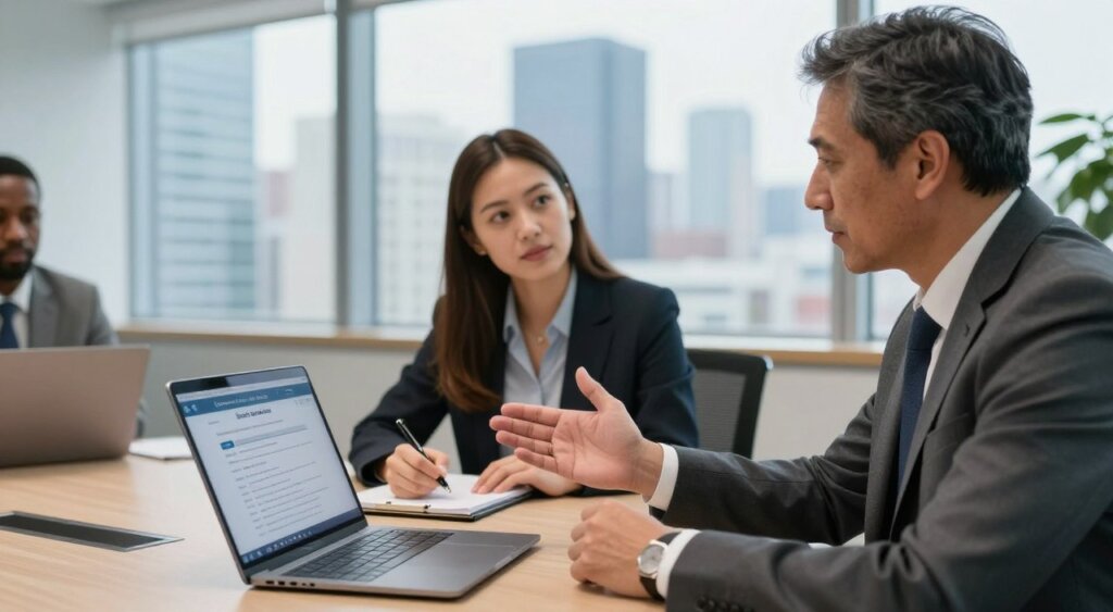 A professional meeting scene set in a modern, well-lit bank office, featuring a diverse group of three people engaged in a discussion about expat banking solutions and loan options. In the foreground, a middle-aged male banker, dressed in a tailored suit, gestures towards a sleek laptop displaying loan details. In the middle, a young Caucasian woman in business attire, taking notes, looks attentive and engaged. In the background, large windows showcase a vibrant city skyline. The atmosphere is collaborative and focused, with soft, natural lighting illuminating the space, emphasizing professionalism and trust. The scene captures the essence of diverse banking services tailored for foreigners, without any text or distractions.