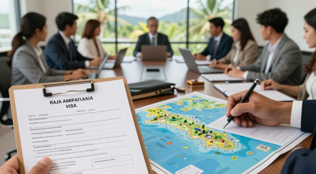 A professional office environment focused on the process of applying for a Raja Ampat visa. In the foreground, a diverse group of individuals in business attire, sitting around a conference table with laptops, documents, and maps spread out. The middle layer features close-up shots of a visa application form, documents being filled out, and a colorful, detailed map of Raja Ampat showcasing its stunning islands and waters. In the background, large windows reveal a tropical landscape, hinting at the beauty of Raja Ampat. Soft, natural lighting floods the room, creating an inviting and productive atmosphere. The overall mood is focused and determined, emphasizing the importance of proper visa application procedures for this exotic destination.